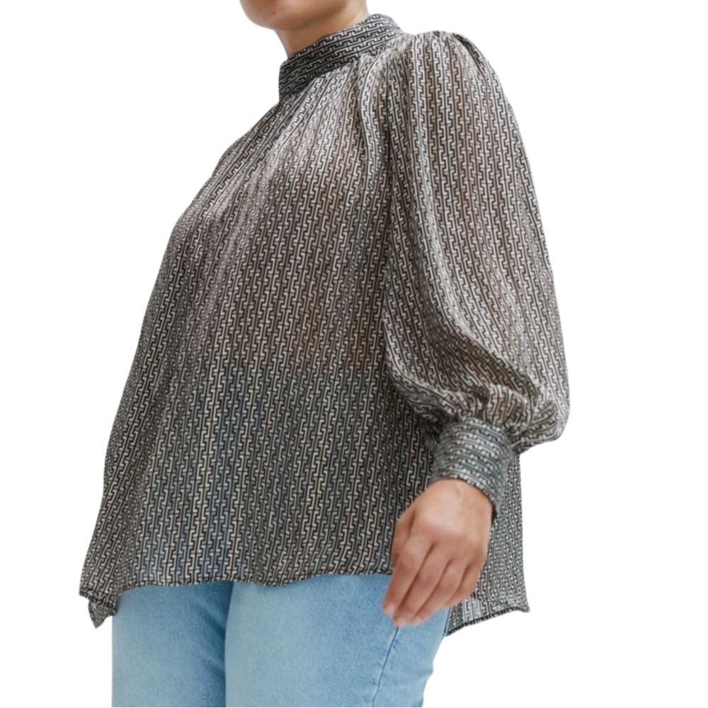 H&M Patterned Sheer Standup Long Sleeve Crepe Dressy Metallic Blouse